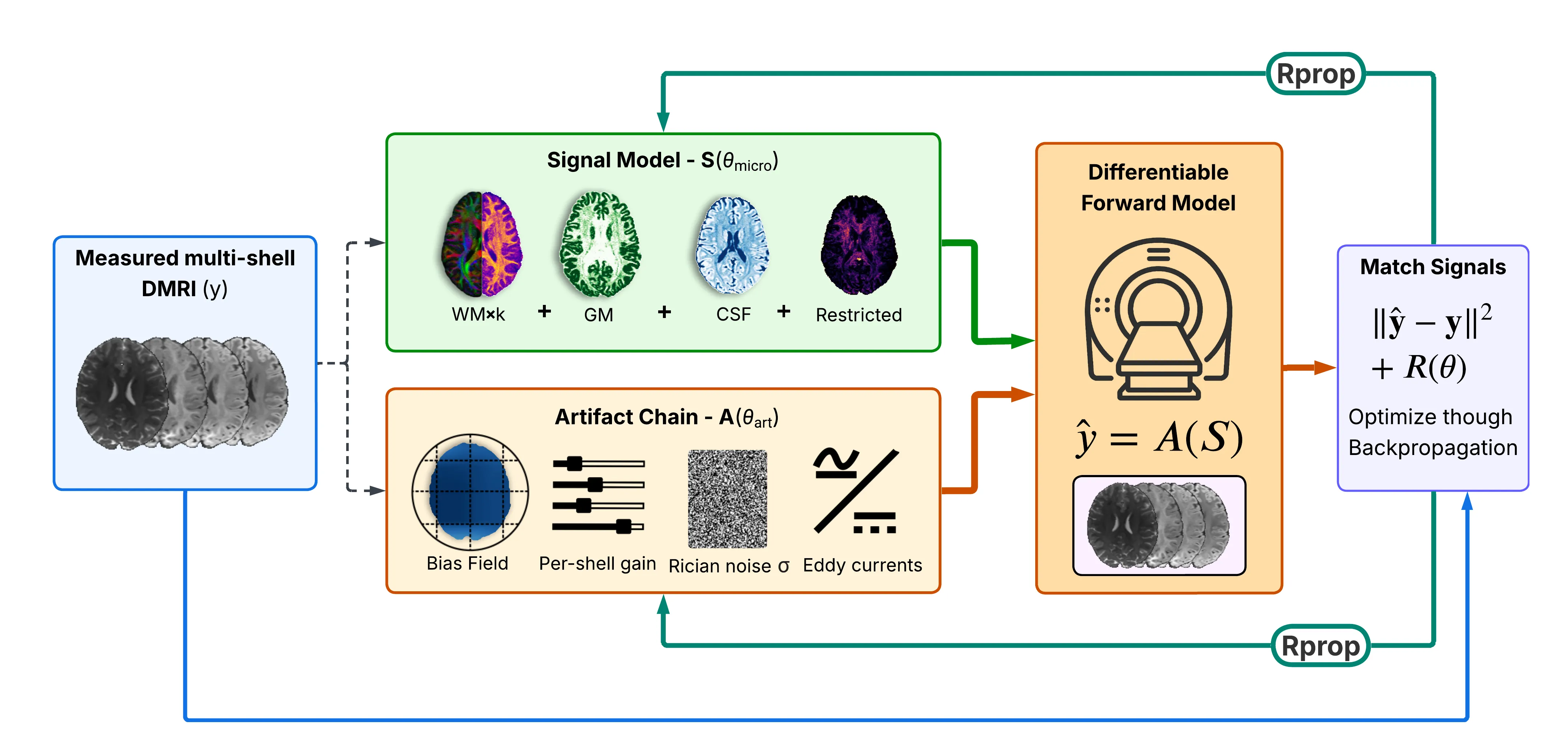 PRISM differentiable analysis-by-synthesis pipeline: signal model + artefact chain through a differentiable forward model, optimised by Rprop against measured DMRI